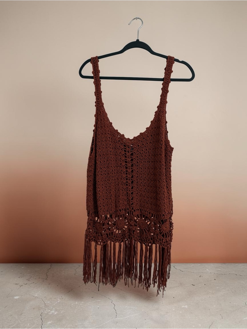 Daytrip Crochet Fringe Tank Top in Rust Brown - Picture 3 of 6